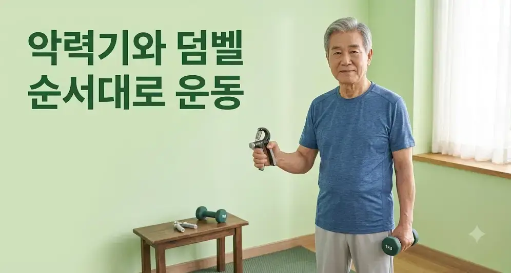 근력-악력기와 덤벨 순서대로 운동